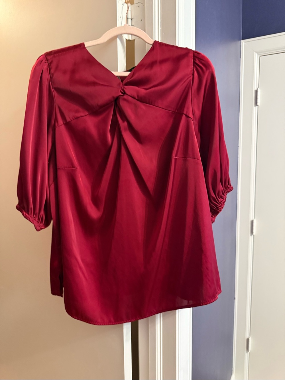 Eloquii Twist-Front Satin Blouse in Wine